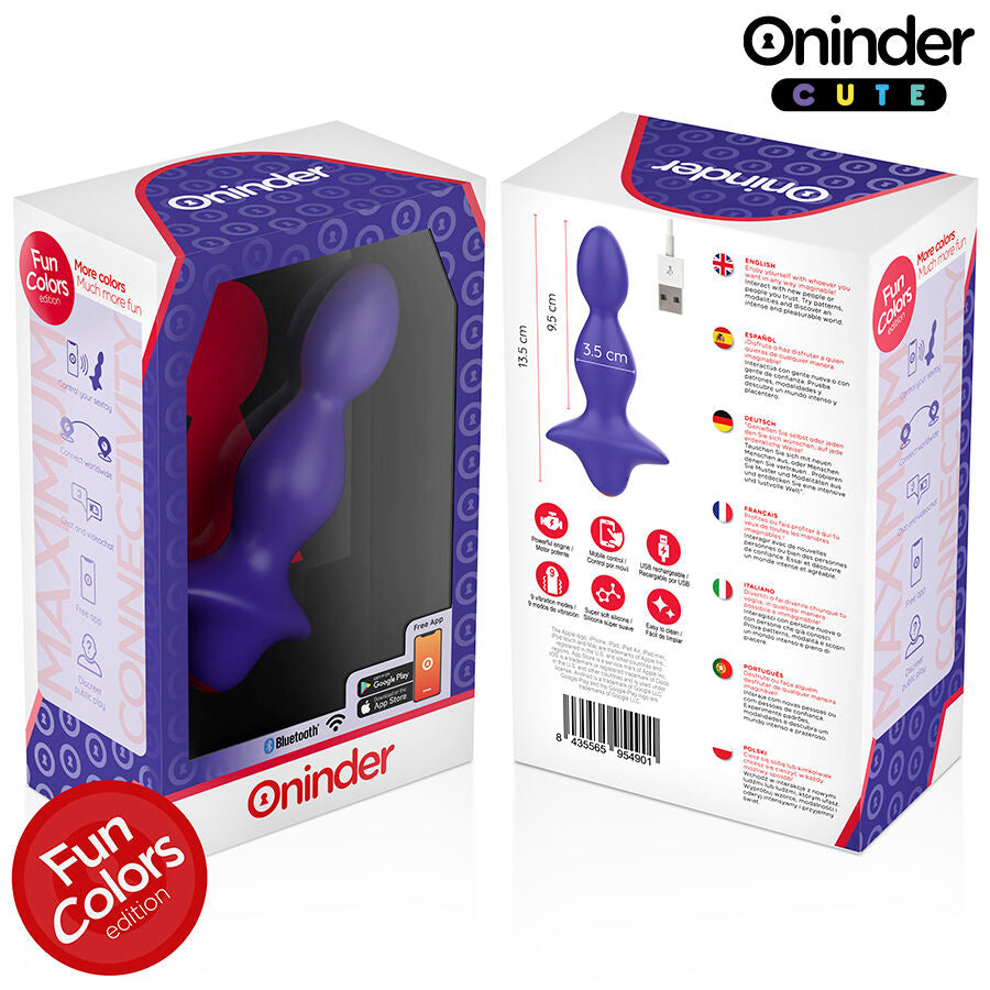 Boite ouverte du vibromasseur anal perle Oninder Fun Colors violet, notice multilingue et sextoy silicone visible, dilatateur connecte rechargeable pilotable par application mobile
