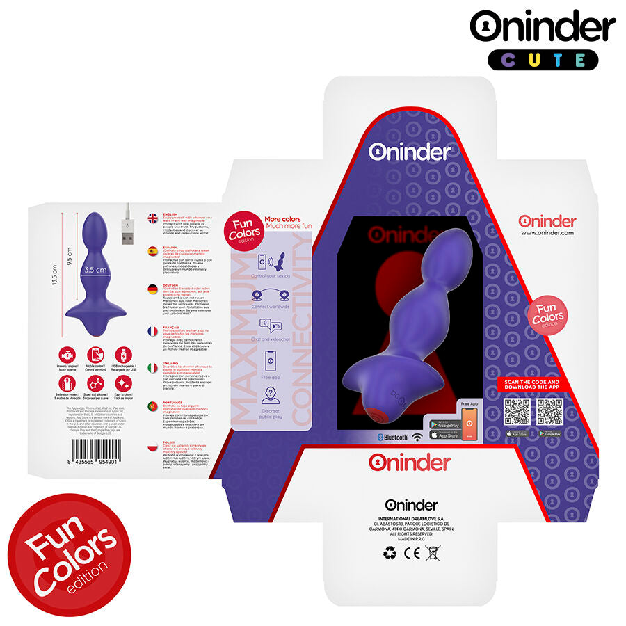 Emballage du vibromasseur anal perle Oninder violet vu sous deux angles, packaging colore presentant le dilatateur silicone a billes connecte rechargeable pilotable par appli