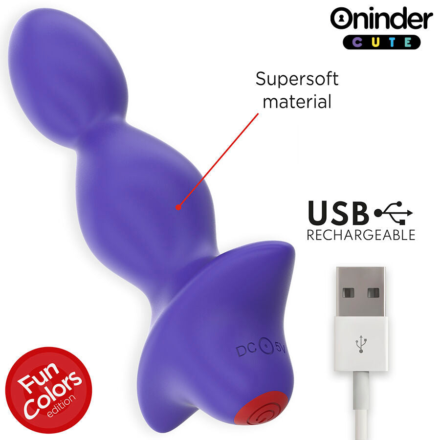 Vibromasseur anal perle Oninder violet en silicone supersoft a billes progressives, mention USB rechargeable et cable a cote, dilatateur anal connecte pilotable par application