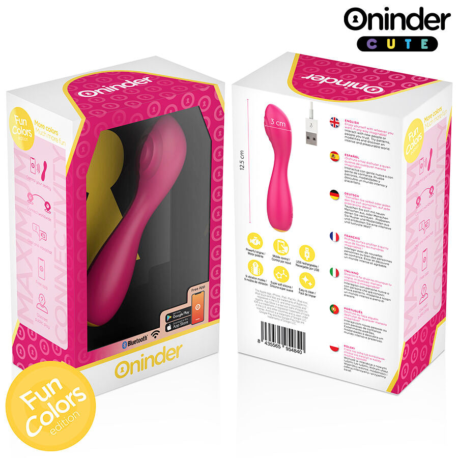 Emballage du mini vibromasseur wand Oninder rose vu sous deux angles, packaging colore presentant le stimulateur en silicone connecte et rechargeable pilotable par application