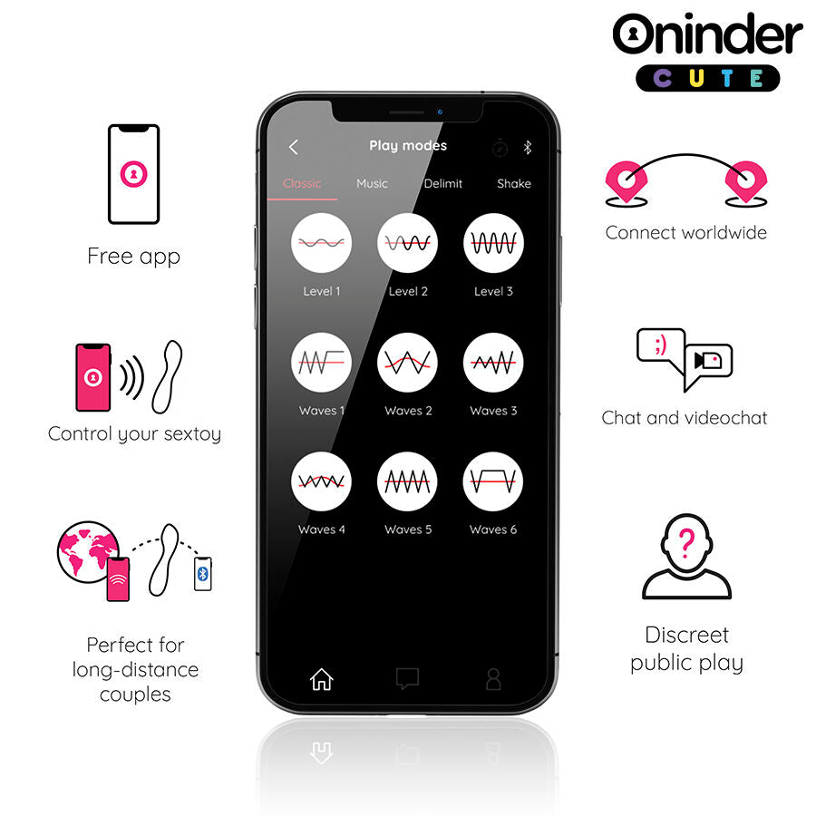 Ecran de l application gratuite Oninder affichant les modes de vibration et le controle a distance du mini vibromasseur wand connecte, pour jeux solo ou couple longue distance