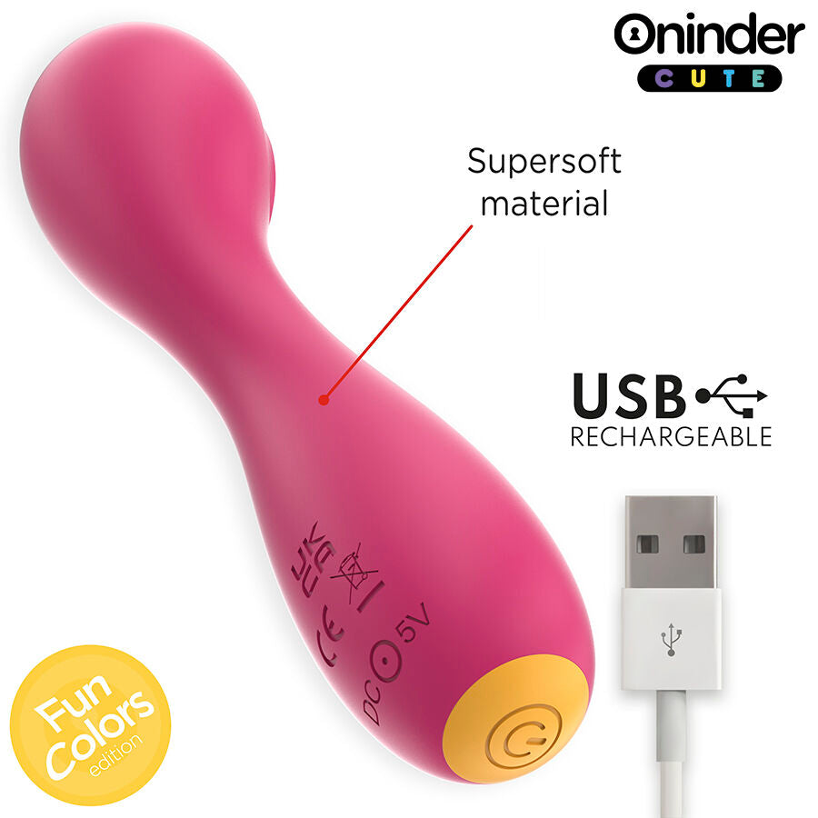 Mini vibromasseur wand Oninder rose en silicone supersoft avec base doree, mention USB rechargeable et cable a cote, stimulateur externe connecte pilotable par application gratuite