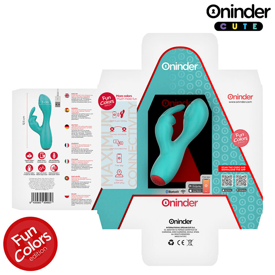 Boite ouverte du vibromasseur lapin a tapping Oninder Fun Colors turquoise, notice multilingue et sextoy silicone visible, stimulateur connecte rechargeable pilotable par appli