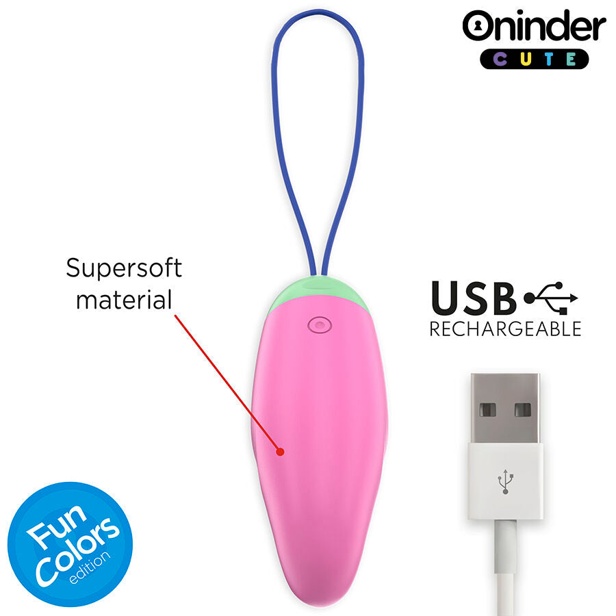 Oeuf vibrant Oninder turquoise en silicone medical supersoft avec cordon rose, mention USB rechargeable et cable a cote, stimulateur interne discret pilotable par application mobile