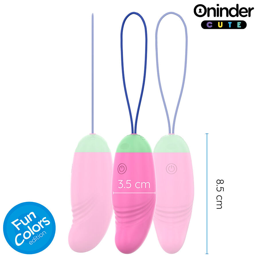 Deux variantes de l oeuf vibrant Oninder rose avec cordons de retrait, vue de face avec cote de 8,5 cm de longueur et 3,5 cm de diametre, stimulateur interne discret en silicone
