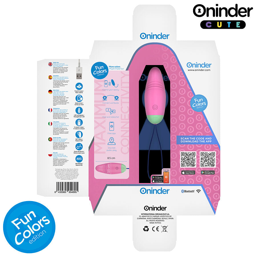 Emballage de l oeuf vibrant connecte Oninder presentant l interieur de la boite et le produit, packaging colore montrant le stimulateur silicone medical connecte rechargeable par appli