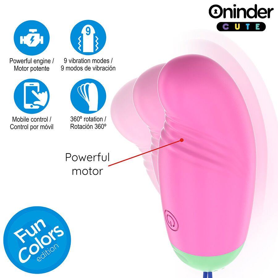 Oeuf vibrant Oninder rose en silicone medical de forme arrondie, gros plan sur la mention powerful motor et rotation 360, stimulateur connecte multi-modes pilotable par application