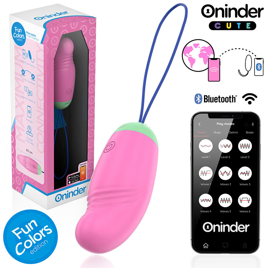 Oeuf vibrant connecte Oninder rose en silicone medical avec cordon de recuperation, telecommande de controle a distance a cote, stimulateur interne pilotable par application gratuite