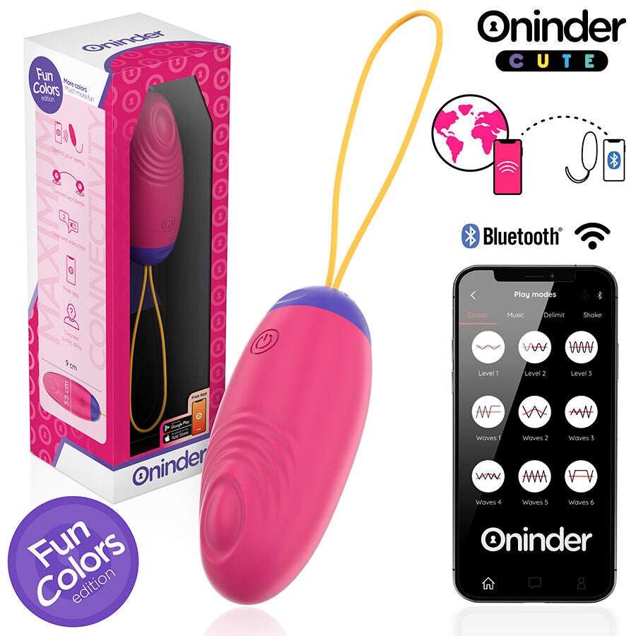Oeuf vibrant connecte Oninder rose en silicone medical avec cordon de retrait, telecommande Bluetooth posee a cote, stimulateur interne multi-modes pilotable par application gratuite