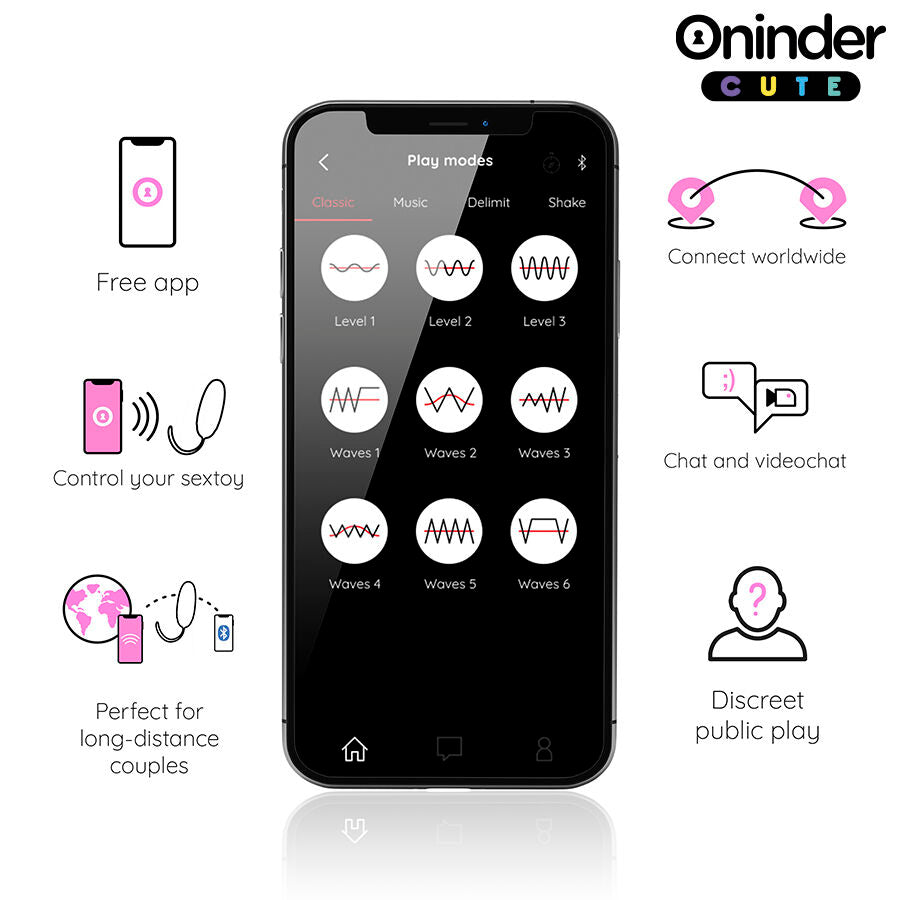 Ecran de l application gratuite Oninder affichant les modes de vibration et fonctions de controle a distance, app pour piloter l oeuf vibrant connecte en solo ou a distance