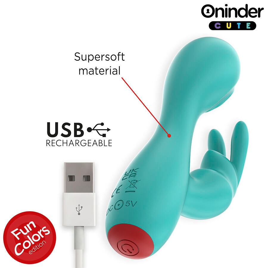 Vibromasseur lapin a tapping Oninder turquoise en silicone supersoft, mention USB rechargeable et cable a cote, double stimulateur point G et clitoris connecte par application