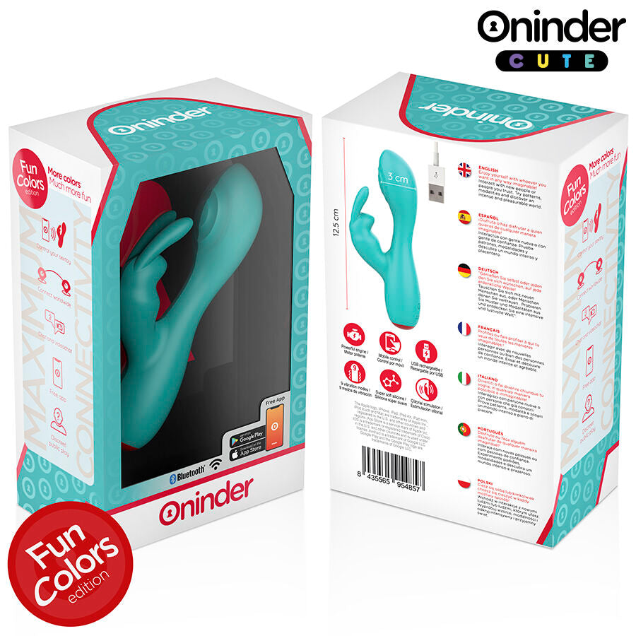 Emballage du vibromasseur lapin a tapping Oninder turquoise vu sous deux angles, packaging colore presentant le stimulateur silicone double connecte rechargeable par application