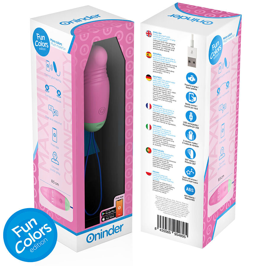 Boite de l oeuf vibrant Oninder vue de face et de profil avec produit visible, packaging colore presentant le stimulateur silicone medical connecte rechargeable pilotable par appli