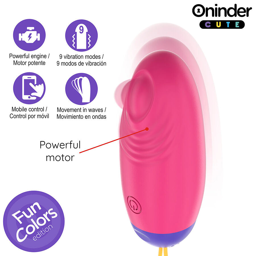 Oeuf vibrant Oninder rose en silicone medical de forme arrondie aplatie, gros plan sur la mention powerful motor, stimulateur connecte multi-modes pilotable par application mobile