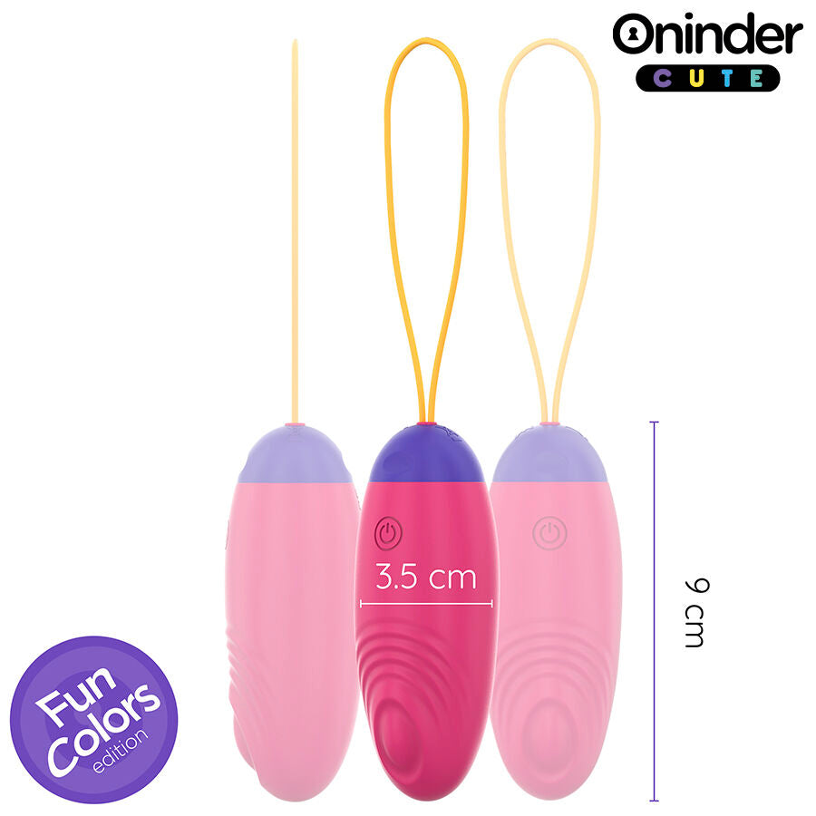Trois variantes de l oeuf vibrant Oninder rose en silicone medical avec cordon, vue de face avec cote de 9 cm de longueur et 3,5 cm de diametre, stimulateur interne discret