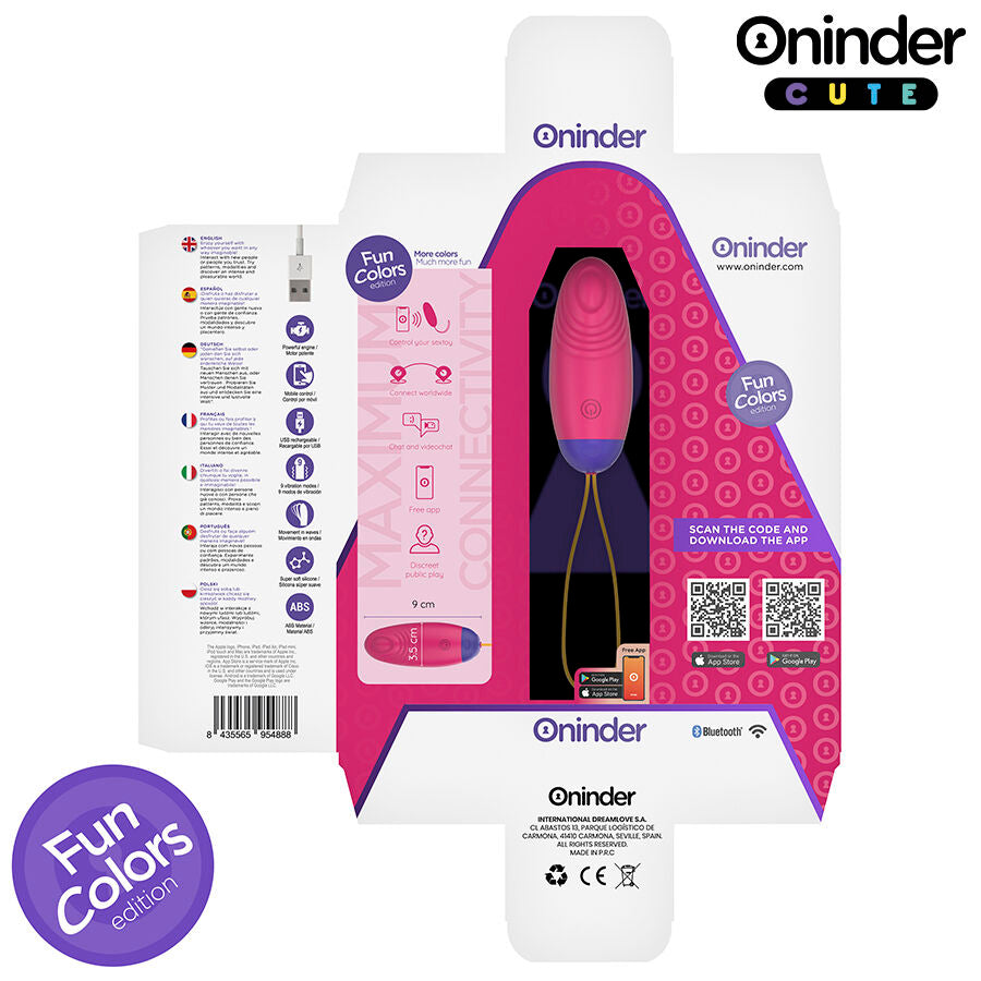 Emballage de l oeuf vibrant connecte Oninder rose presente sous plusieurs faces, packaging colore montrant le stimulateur silicone medical connecte et rechargeable par application