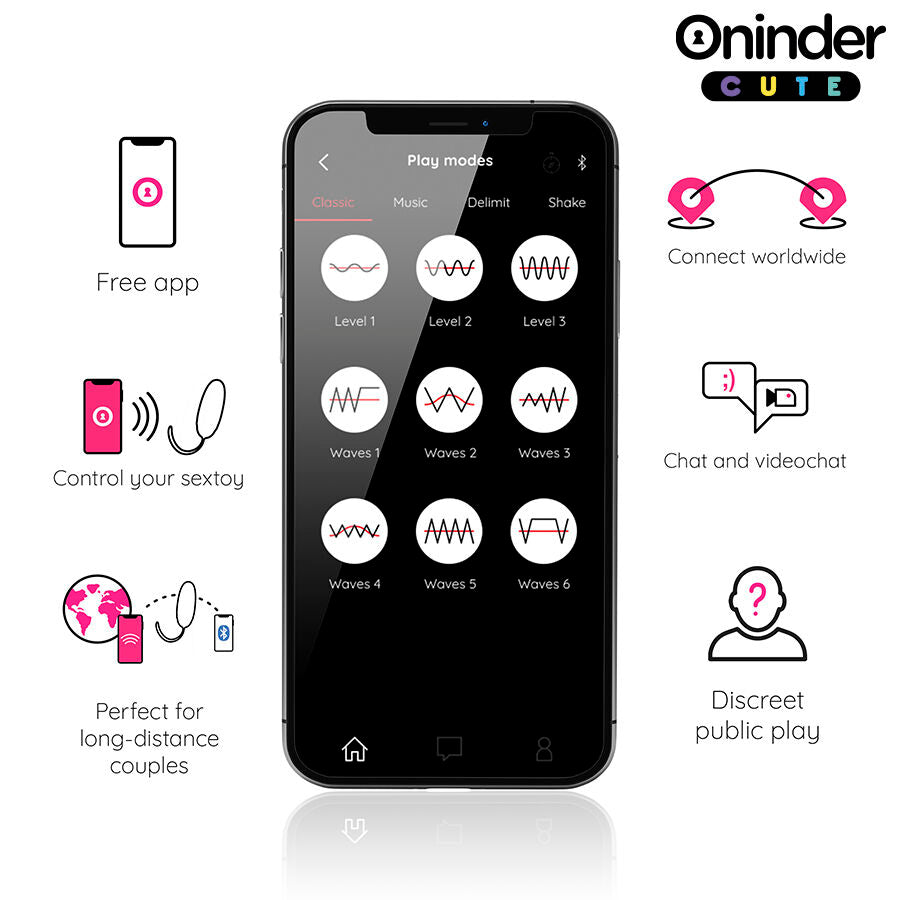 Ecran de l application gratuite Oninder affichant les modes de vibration et le controle a distance de l oeuf vibrant connecte, pour jeux solo ou couple en longue distance