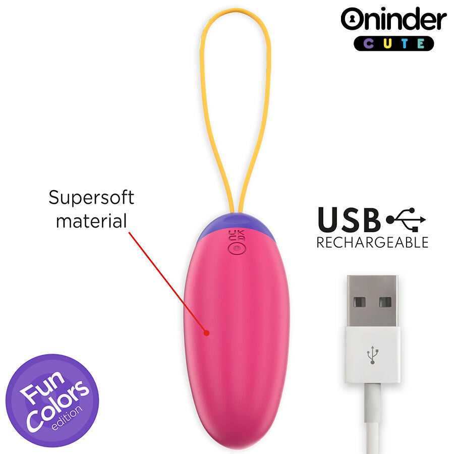 Oeuf vibrant connecte Oninder rose en silicone medical supersoft avec cordon de retrait, mention USB rechargeable, stimulateur interne discret pilotable par application gratuite