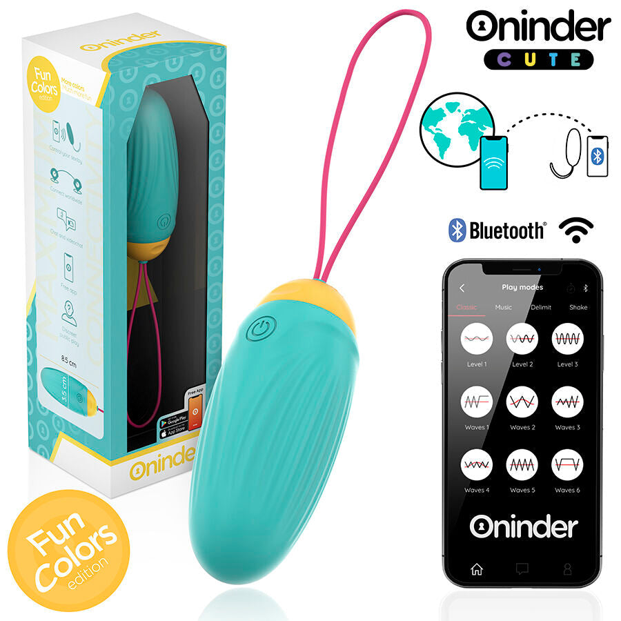 Oeuf vibrant connecte Oninder turquoise en silicone medical avec cordon, telecommande Bluetooth a cote, stimulateur interne discret multi-modes pilotable par application gratuite