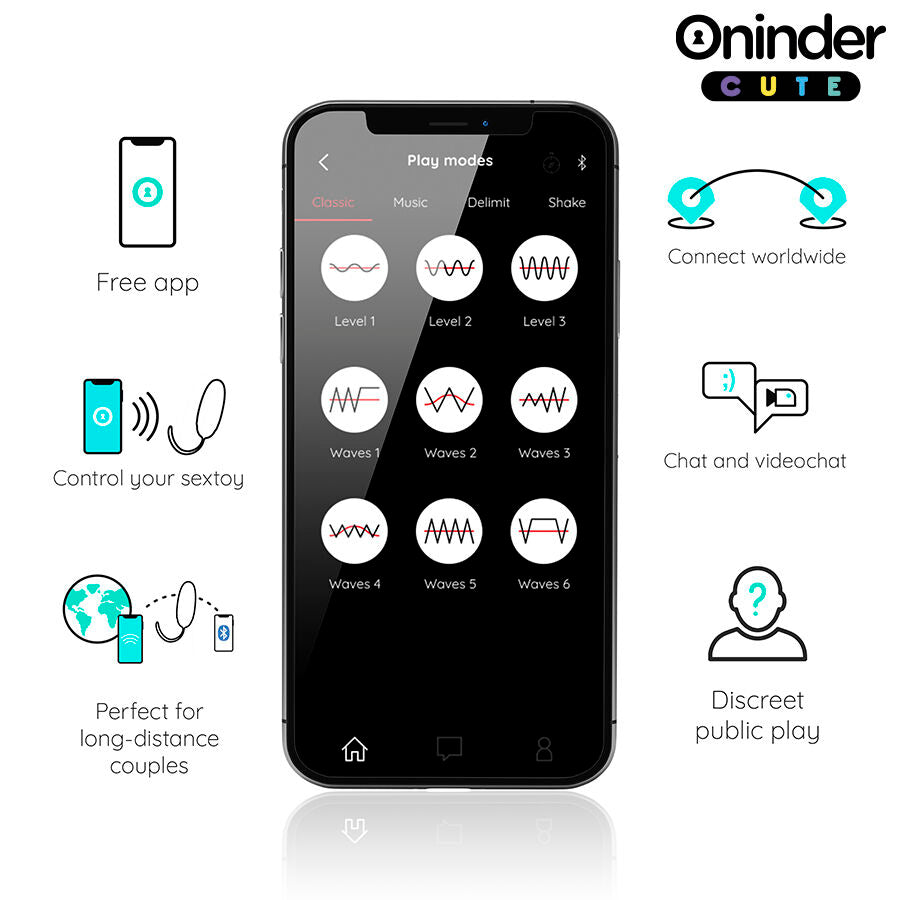 Ecran de l application gratuite Oninder presentant les modes de vibration et le controle a distance de l oeuf vibrant connecte, pour usage solo ou couple en longue distance