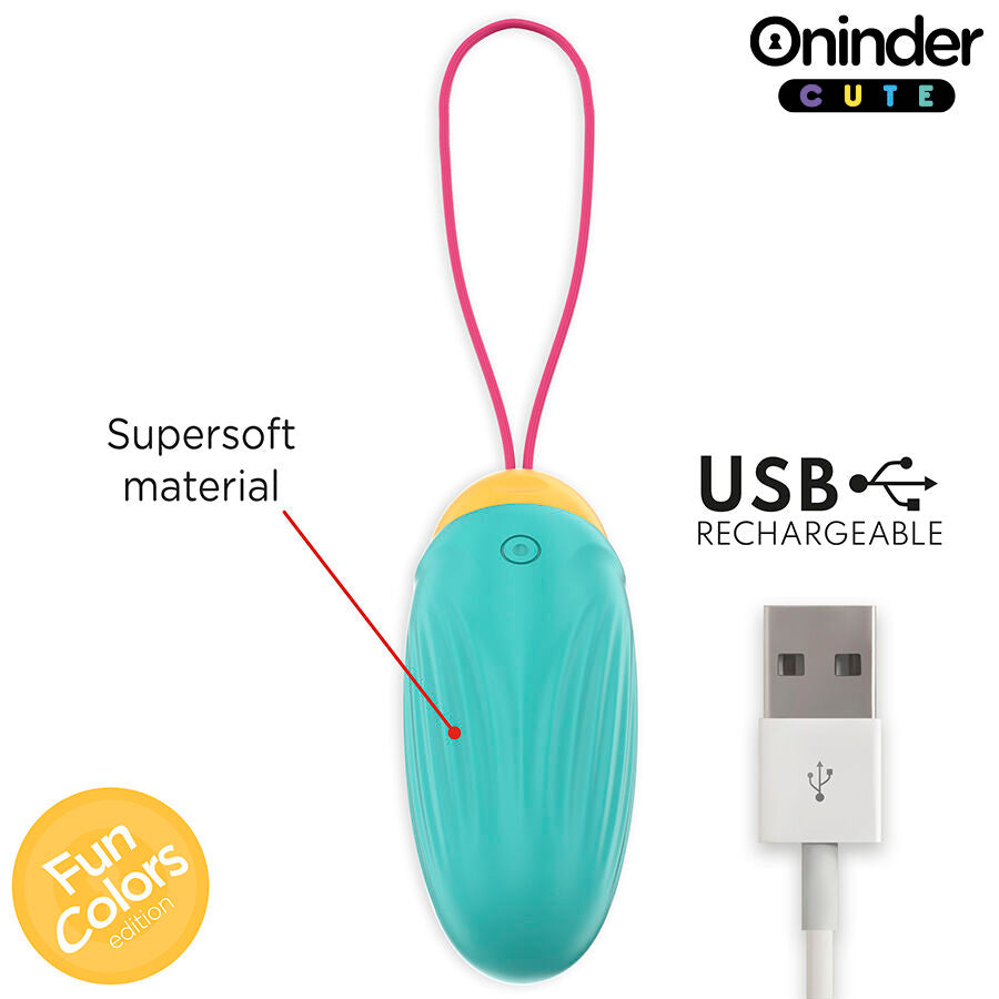 Oeuf vibrant connecte Oninder turquoise en silicone medical supersoft avec cordon, mention USB rechargeable, stimulateur interne discret pilotable par application gratuite