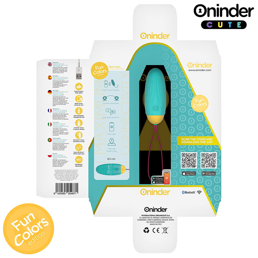 Emballage de l oeuf vibrant Oninder turquoise presente sous plusieurs faces, packaging colore montrant le stimulateur silicone medical connecte et rechargeable pilotable par appli