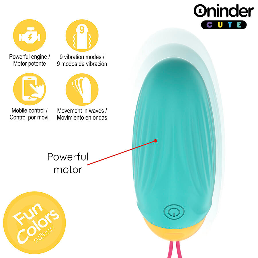 Oeuf vibrant Oninder turquoise en silicone medical de forme allongee, gros plan sur la mention powerful motor, stimulateur connecte multi-modes pilotable par application mobile