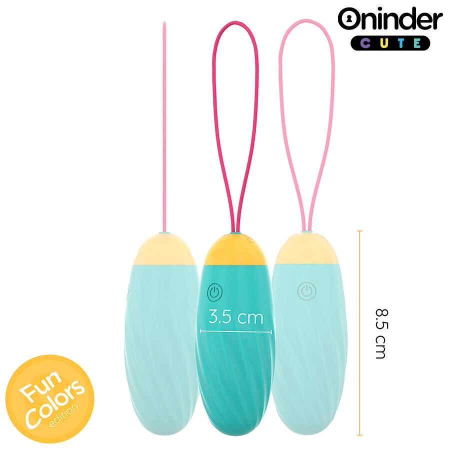 Trois variantes de l oeuf vibrant Oninder turquoise en silicone medical avec cordon, vue de face avec cote de 8,5 cm de longueur et 3,5 cm de diametre, stimulateur interne discret