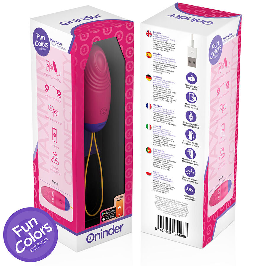 Boite de l oeuf vibrant Oninder rose vue de face et de profil avec produit incline, packaging colore presentant le stimulateur silicone connecte rechargeable pilotable par appli