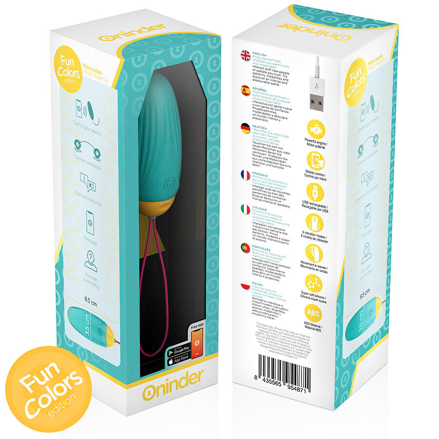 Boite de l oeuf vibrant Oninder turquoise vue de face et de profil, packaging colore presentant le stimulateur silicone medical connecte rechargeable pilotable par application