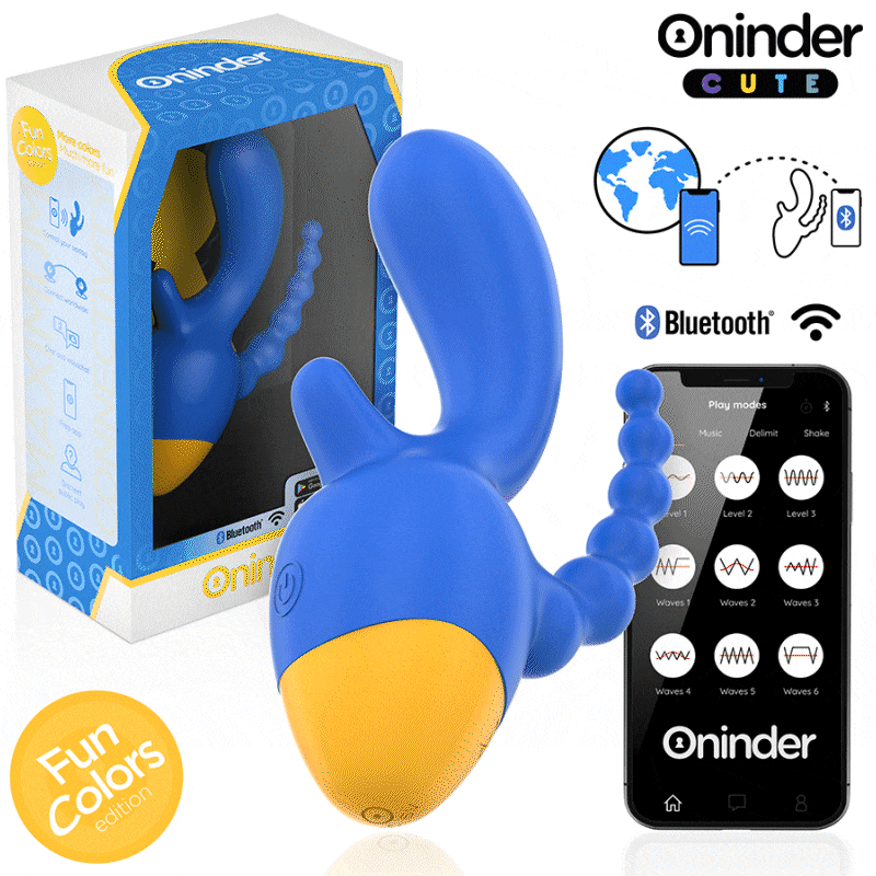 Vibromasseur triple Oninder bleu en silicone avec branches multiples, telecommande de controle a distance posee a cote, stimulation point G clitoris et anale via application gratuite