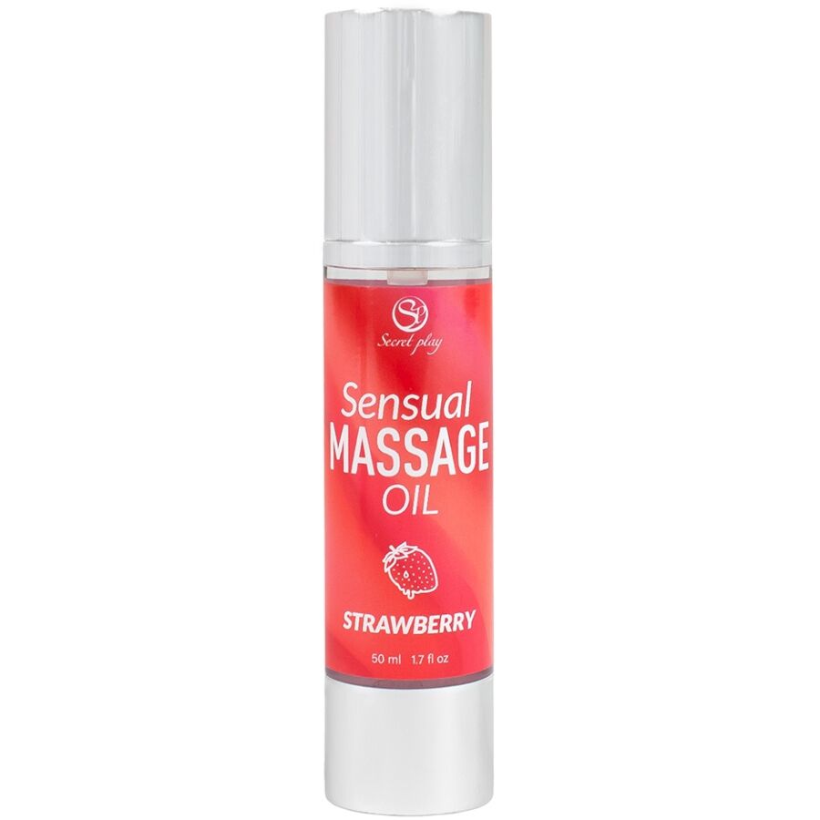 Flacon airless Sensual Massage Oil saveur fraise vue de face, design rouge degrade Secret Play, 50 ml, huile sensorielle pour un massage corps a corps gourmand.