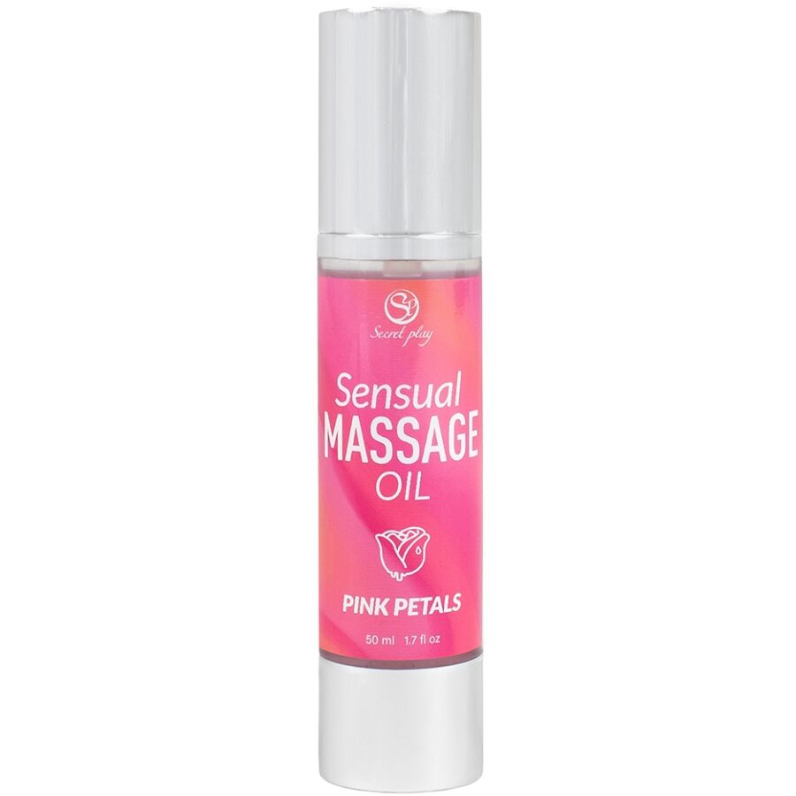 Flacon airless Sensual Massage Oil Pink Petals vue de face, etiquette rose fuchsia Secret Play, 50 ml, huile de massage florale pour un moment sensuel a deux.