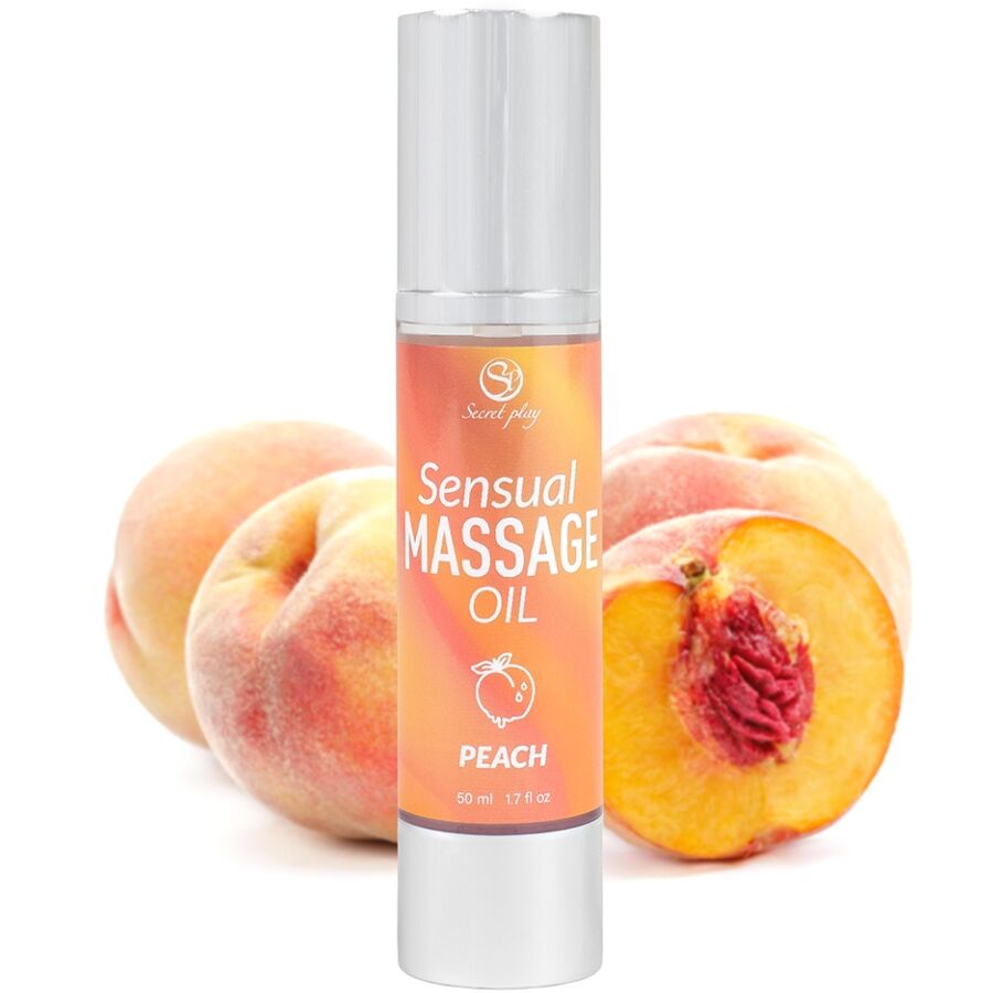 Huile de massage parfumée à la pêche — vue de profil