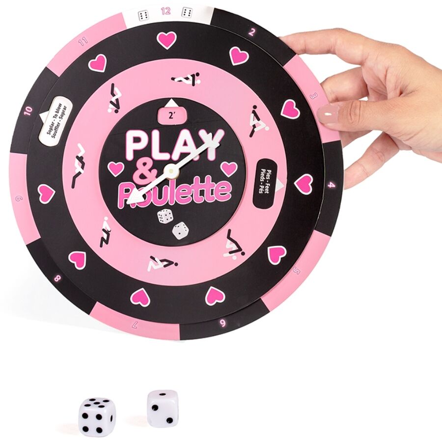 Plateau roulette Play & Roulette Secretplay tenu en main avec deux des blancs, roulette a trois sections activites zones et duree pour couple.