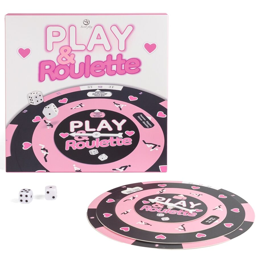 Jeu Play & Roulette Secretplay : boite rose et noire et plateau roulette a cœurs, roulette trois sections et des pour combinaisons coquines en couple.
