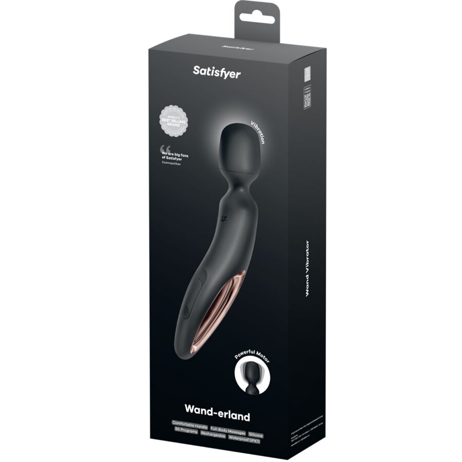 Boite du vibromasseur baguette Satisfyer Wand-erland sombre, visuel du wand noir et accents cuivres, mentions massages corps entier et puissance.