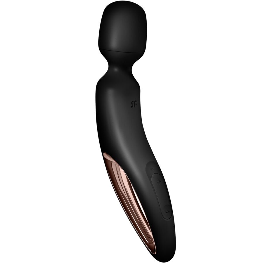 Vibromasseur baguette Satisfyer noir a poignee ouverte cuivree et tete massante arrondie, design ergonomique pour massage et stimulation intime.