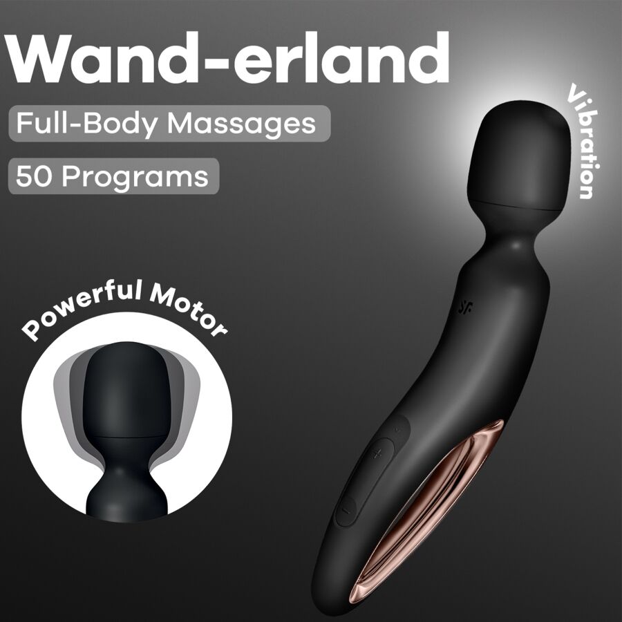 Visuel marketing du wand Satisfyer Wand-erland noir, accroche full-body massages cinquante programmes et moteur puissant, tete massante en avant-plan.