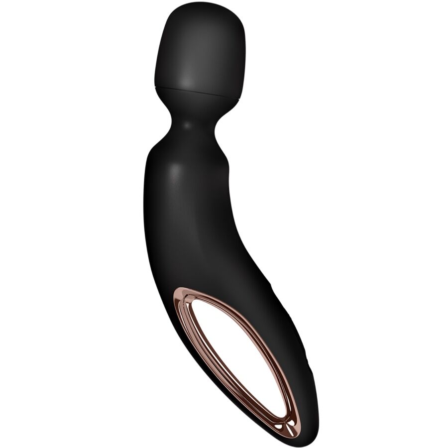 Vibromasseur baguette Satisfyer noir au manche galbe et accent cuivre, grosse tete souple massante, massage corporel relaxant et puissant.