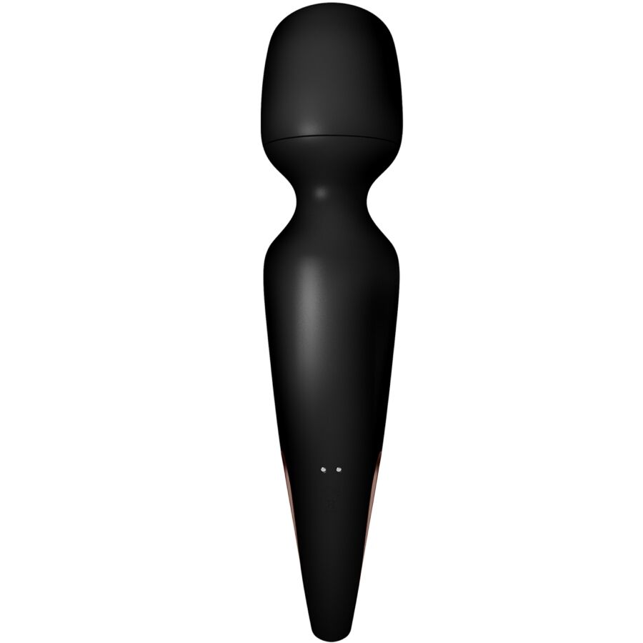 Vibromasseur baguette Satisfyer noir a manche droit et tete bombee, finition cuivree, massages relaxants et vibrations profondes corps entier.