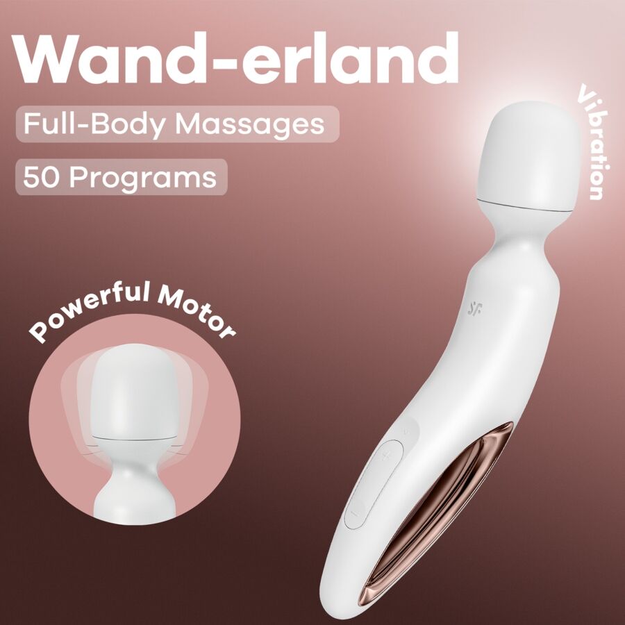 Visuel marketing du wand Satisfyer Wand-erland blanc, accroche full-body massages cinquante programmes et moteur puissant, tete massante mise en avant.