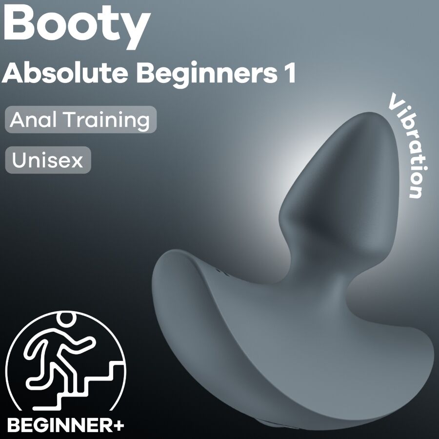 Visuel Satisfyer Booty Absolute Beginners 1, plug anal gris en silicone sur fond sombre avec mentions Anal Training, Unisex et pictogramme Beginner.