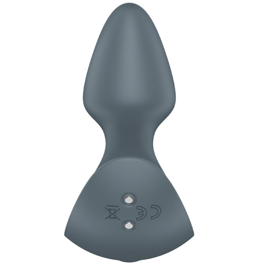 Dos du plug anal Booty Absolute Beginners 1, silicone gris avec contacts de charge et pictogrammes, plug vibrant a base evasee pour l'usage anal.