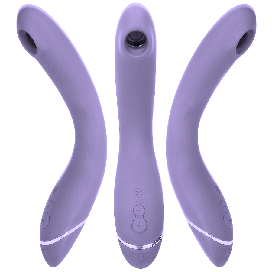 Trois vues du Womanizer OG lavande : corps courbé en silicone, boutons de commande et tête à cavité d'aspiration, stimulateur G-spot par ondes d'air. Présentation sous trois angles.