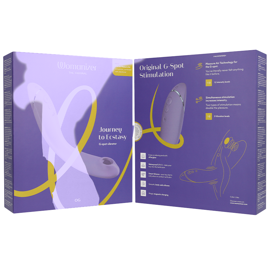 Emballage violet du Womanizer OG ouvert présentant le device courbé et un schéma d'usage du stimulateur G-spot par ondes d'air, sans anatomie. Visuel pédagogique non explicite.