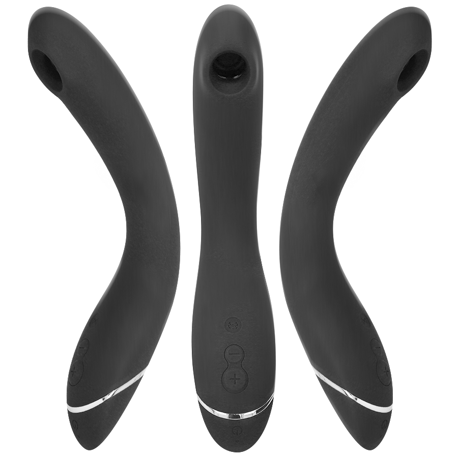 Trois vues du Womanizer OG noir : corps courbé en silicone, boutons de commande et tête à cavité d'aspiration, stimulateur G-spot par ondes d'air. Présentation sous trois angles.