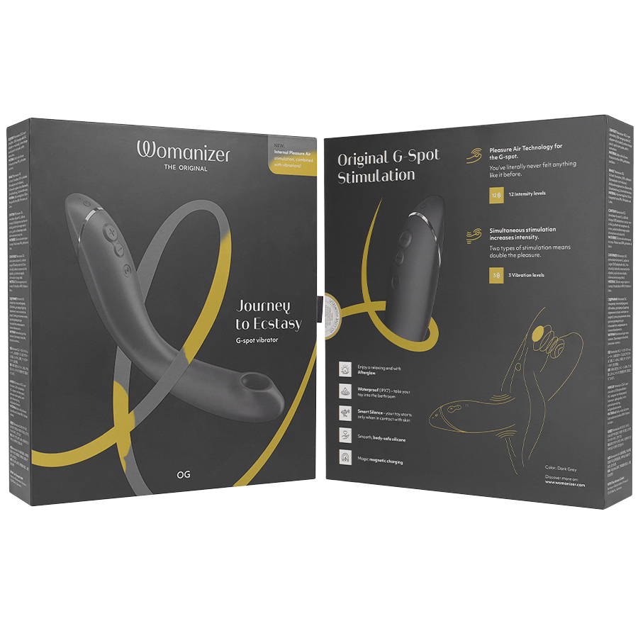 Emballage noir du Womanizer OG ouvert montrant le device courbé et un schéma d'usage du stimulateur G-spot par ondes d'air, sans anatomie. Visuel pédagogique non explicite.