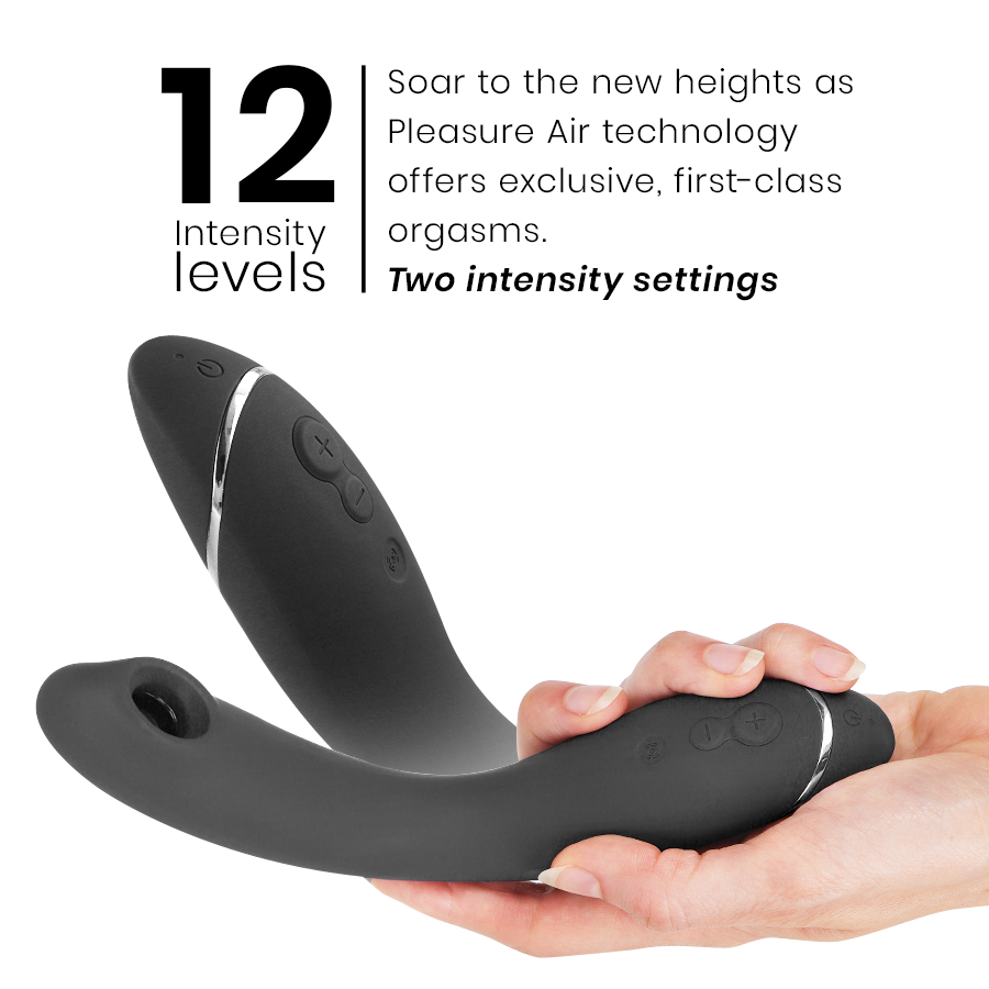 Womanizer OG noir tenu à l'horizontale dans une main, à côté du visuel 12 niveaux combinant ondes d'air et vibrations sur le point G. Échelle de taille montrée en main.