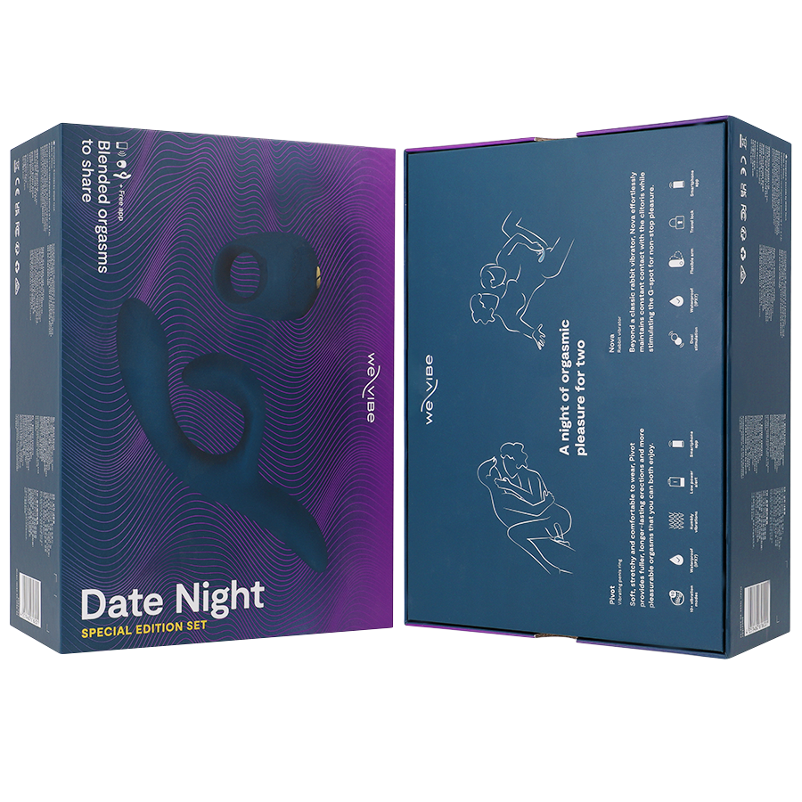 Coffret Date Night We-Vibe ouvert dévoilant le vibromasseur lapin Nova en silicone bleu nuit logé dans son écrin, avec un schéma de positions imprimé sur le rabat intérieur.